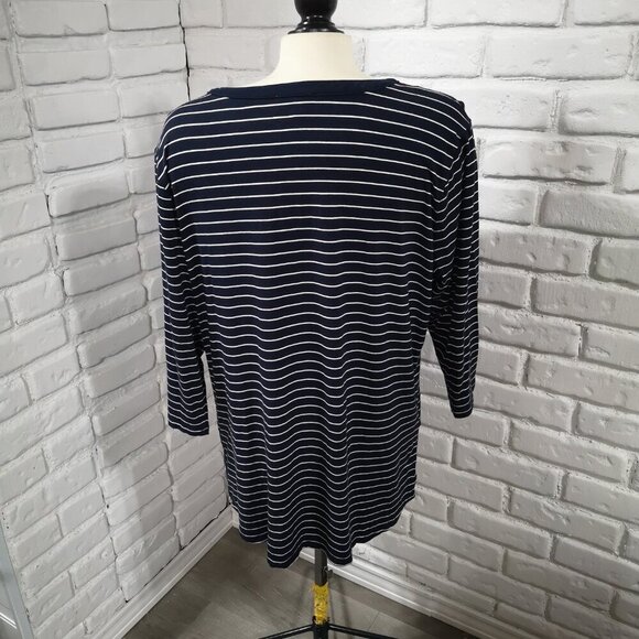 Laura Plus Ladies Size 1X Navy & White Striped V-neck 3/4 Sleeves Tunic Top - Picture 2 of 9